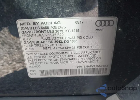 2018 Audi Q5 2.0T Premium/2.0T Tech Premium из США, поврежденный, VIN WA1BNAFY7J2048351